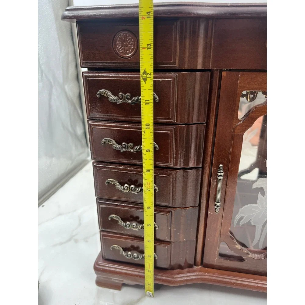 Vintage Wooden Jewelry Armoire Chest 10 Drawer Etched Glass Rotating Carousel